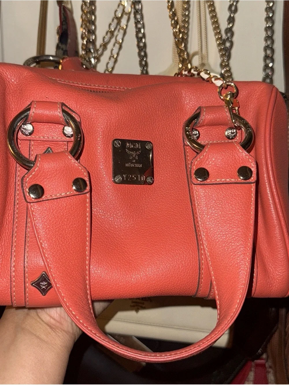 MCM Red Leather Chain-Trim Shoulder Bag